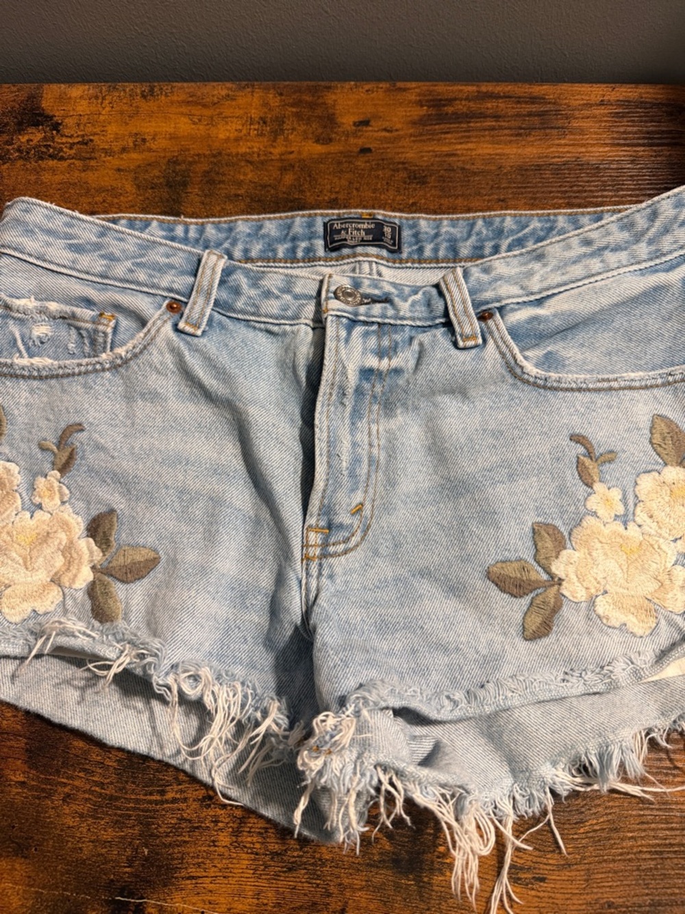 Abercrombie & Fitch Light Blue Denim Floral Embroidered Cutoff Shorts